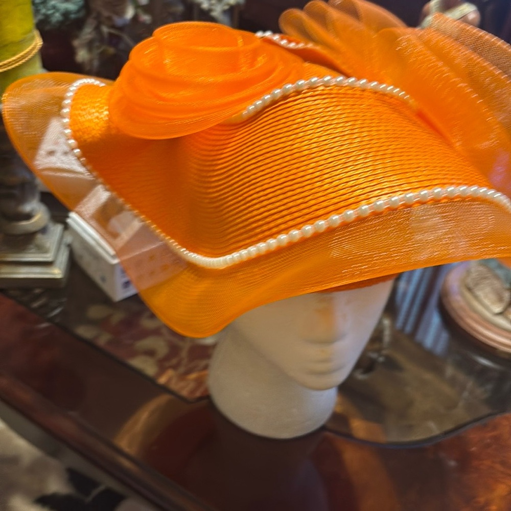 Elegant Orange Hat with Pearl Trim